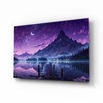 Purple Twilight Lake Dock Glass Wall Art - Lifestyle preview in a designer interior