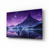 Purple Twilight Lake Dock Glass Wall Art - Lifestyle preview in a designer interior