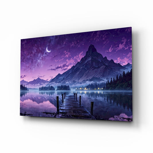 Purple Twilight Lake Dock Glass Wall Art - Lifestyle preview in a designer interior