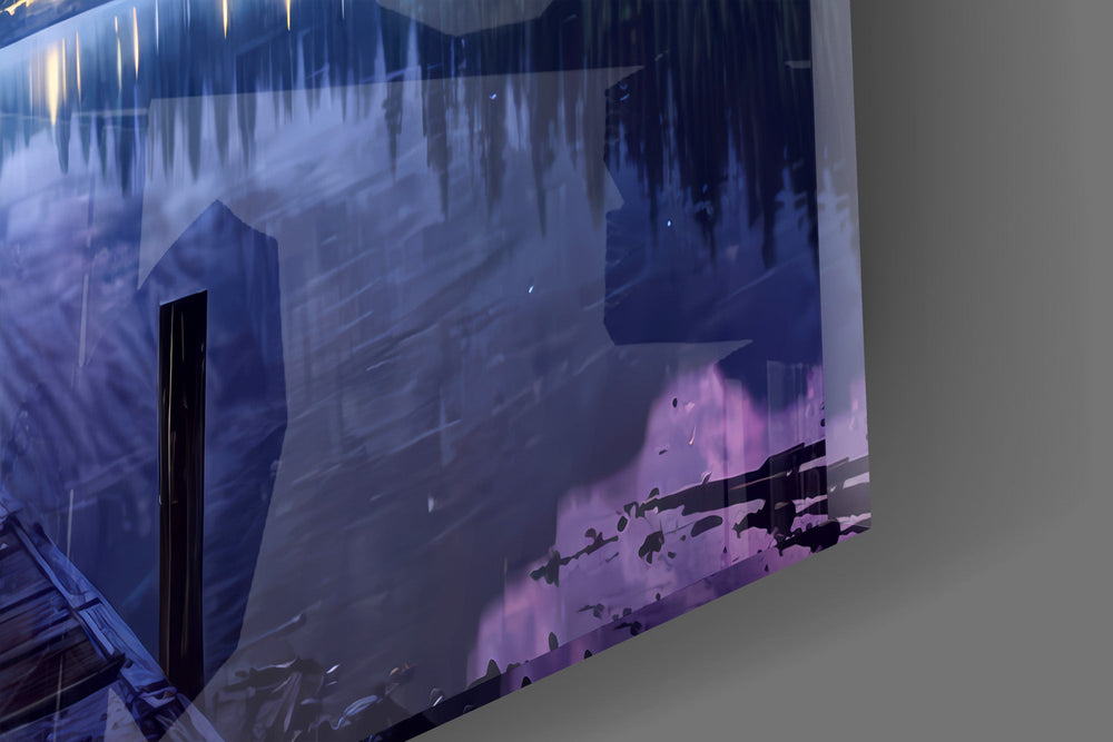 Close-up detail of the weathered planks of the dock over still water on the glass surface