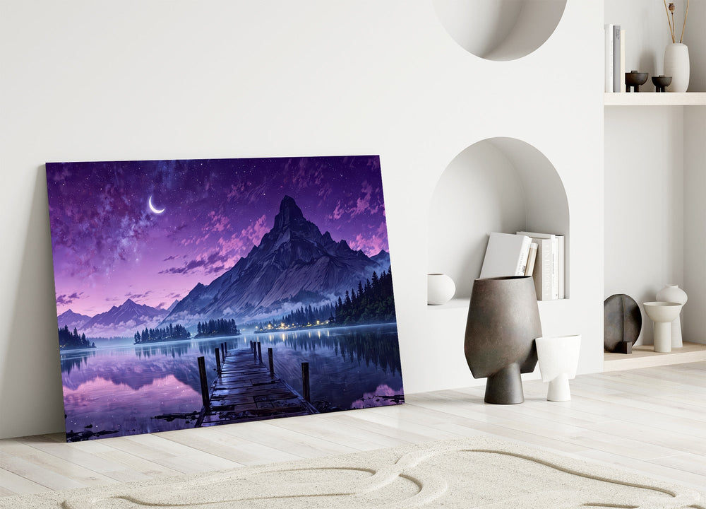 a wooden dock reaching into a purple twilight lake panel bringing character to a minimalist living room wall