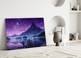 a wooden dock reaching into a purple twilight lake panel bringing character to a minimalist living room wall