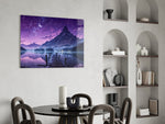 a wooden dock reaching into a purple twilight lake glass wall art leaning beside a dark leather sofa