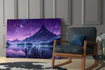 a wooden dock reaching into a purple twilight lake panel resting in a shelving niche in a modern interior