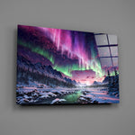 northern lights over a snowy mountain valley glass wall art angled to show the polished tempered glass panel