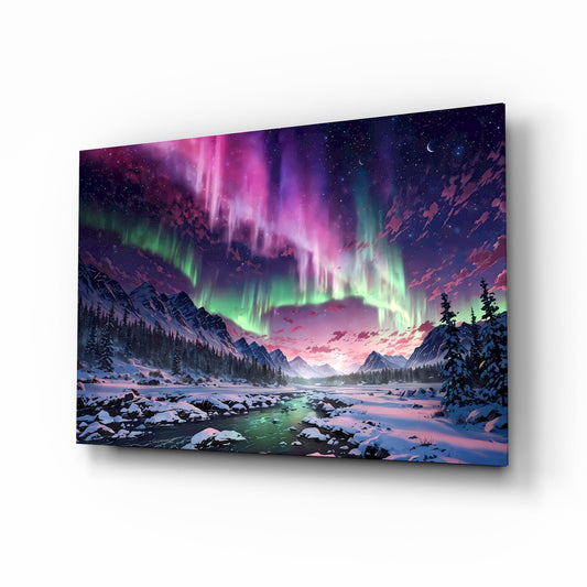 Aurora Northern Lights Snowy Valley Glass Wall Art - Lifestyle preview in a designer interior