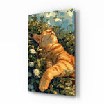 Ginger Cat Lounging in Wildflowers Glass Wall Art - Lifestyle preview in a designer interior