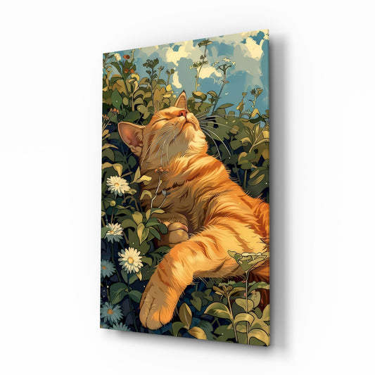 Ginger Cat Lounging in Wildflowers Glass Wall Art - Lifestyle preview in a designer interior