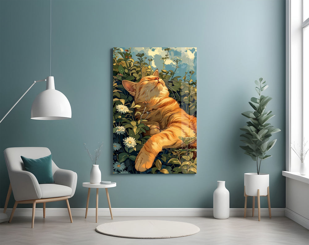 a ginger cat basking in a wildflower meadow glass wall art styled above an armchair in a reading corner