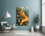 a ginger cat basking in a wildflower meadow glass wall art styled above an armchair in a reading corner