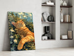 a ginger cat basking in a wildflower meadow panel resting in a shelving niche in a modern interior