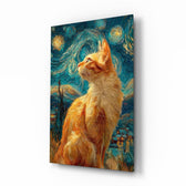 Swirling Starry Night Ginger Cat Glass Wall Art - Lifestyle preview in a designer interior