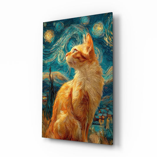 Swirling Starry Night Ginger Cat Glass Wall Art - Lifestyle preview in a designer interior