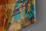 Close-up detail of the impasto whiskers and the glowing golden stars overhead on the glass surface