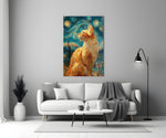 swirling starry night ginger cat panel bringing character to a minimalist living room wall