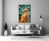 swirling starry night ginger cat panel bringing character to a minimalist living room wall
