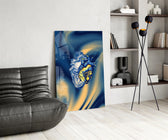 golden starry anatomical heart glass wall art leaning beside a dark leather sofa