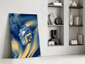 golden starry anatomical heart panel resting in a shelving niche in a modern interior
