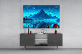 moonlit mountain lake with a dock glass wall art styled in an atmospheric room setting