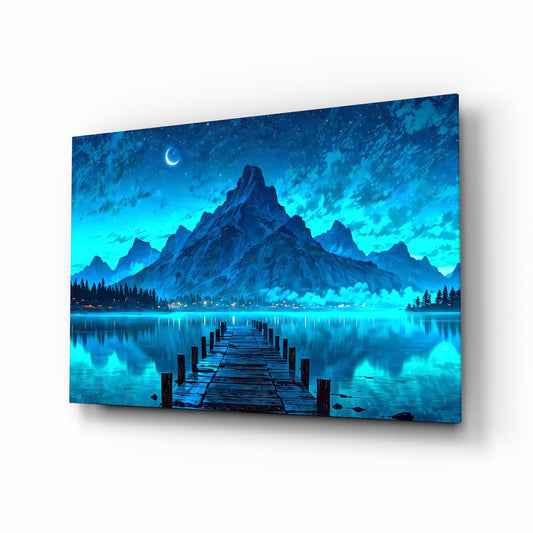 Moonlit Mountain Lake Dock Glass Wall Art - Lifestyle preview in a designer interior