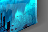 Close-up detail of the weathered planks of the pier and the crescent moon over the peak on the glass surface