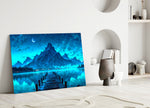 moonlit mountain lake with a dock panel bringing character to a minimalist living room wall