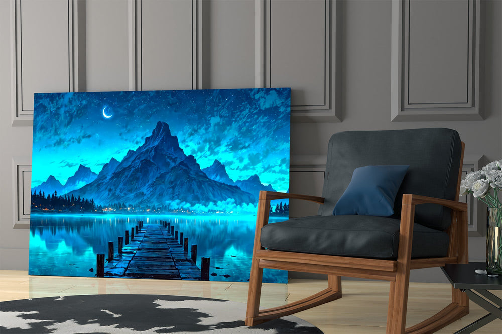 moonlit mountain lake with a dock panel resting in a shelving niche in a modern interior