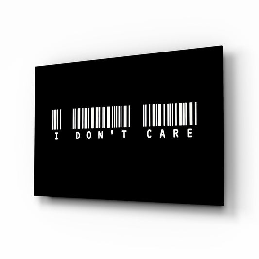I Don't Care Barcode Glass Wall Art - Lifestyle preview in a designer interior