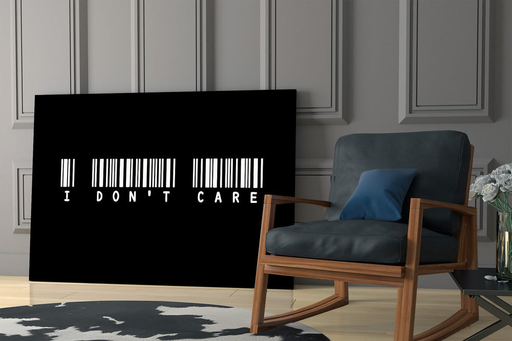 I dont care barcode statement panel resting in a shelving niche in a modern interior