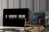 I dont care barcode statement panel resting in a shelving niche in a modern interior