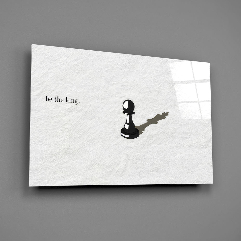 chess pawn casting a king shadow glass wall art angled to show the polished tempered glass panel