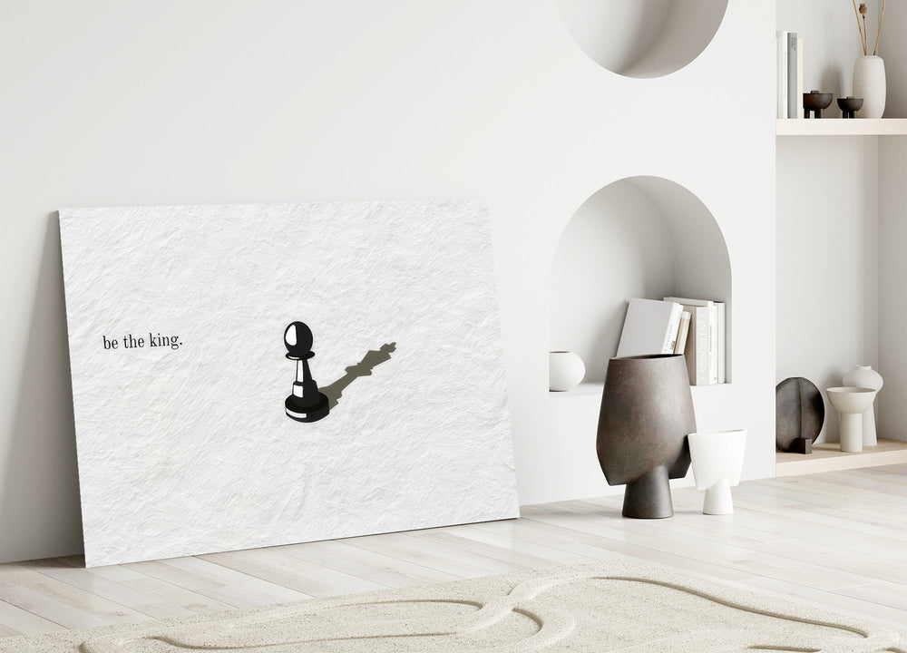 chess pawn casting a king shadow panel bringing character to a minimalist living room wall
