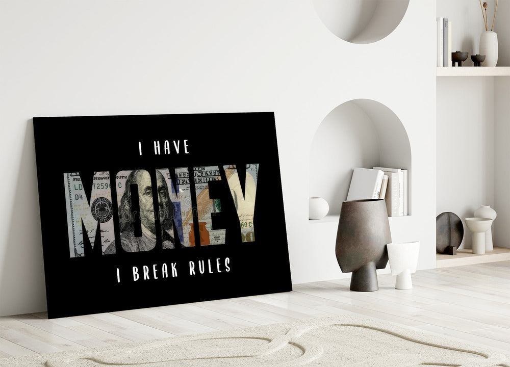I have money I break rules dollar type panel bringing character to a minimalist living room wall