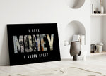 I have money I break rules dollar type panel bringing character to a minimalist living room wall