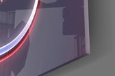 Close-up detail of the liquid-chrome ribbon looping around the pink lettering on the glass surface