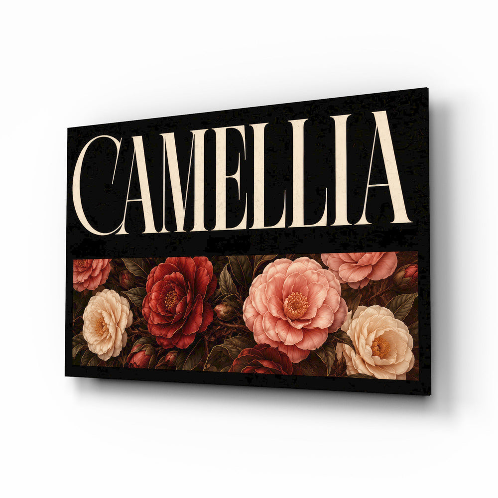 Camellia Blush and Crimson Floral Glass Wall Art - Lifestyle preview in a designer interior