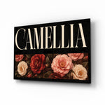 Camellia Blush and Crimson Floral Glass Wall Art - Lifestyle preview in a designer interior