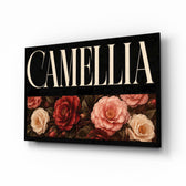 Camellia Blush and Crimson Floral Glass Wall Art - Lifestyle preview in a designer interior