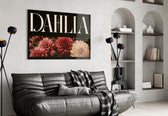 dahlia bloom typography glass wall art styled above an armchair in a reading corner