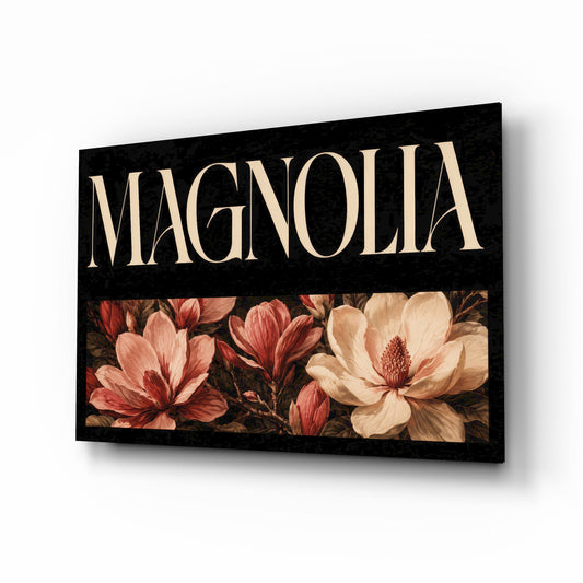 Magnolia Rose and Ivory Floral Glass Wall Art - Lifestyle preview in a designer interior