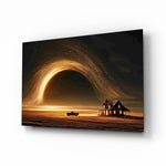 Golden Star Vortex Over a Lone Farmhouse Glass Wall Art - Lifestyle preview in a designer interior