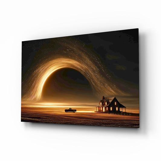 Golden Star Vortex Over a Lone Farmhouse Glass Wall Art - Lifestyle preview in a designer interior