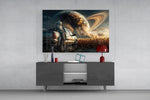 astronaut resting against a pickup truck glass wall art styled in an atmospheric room setting