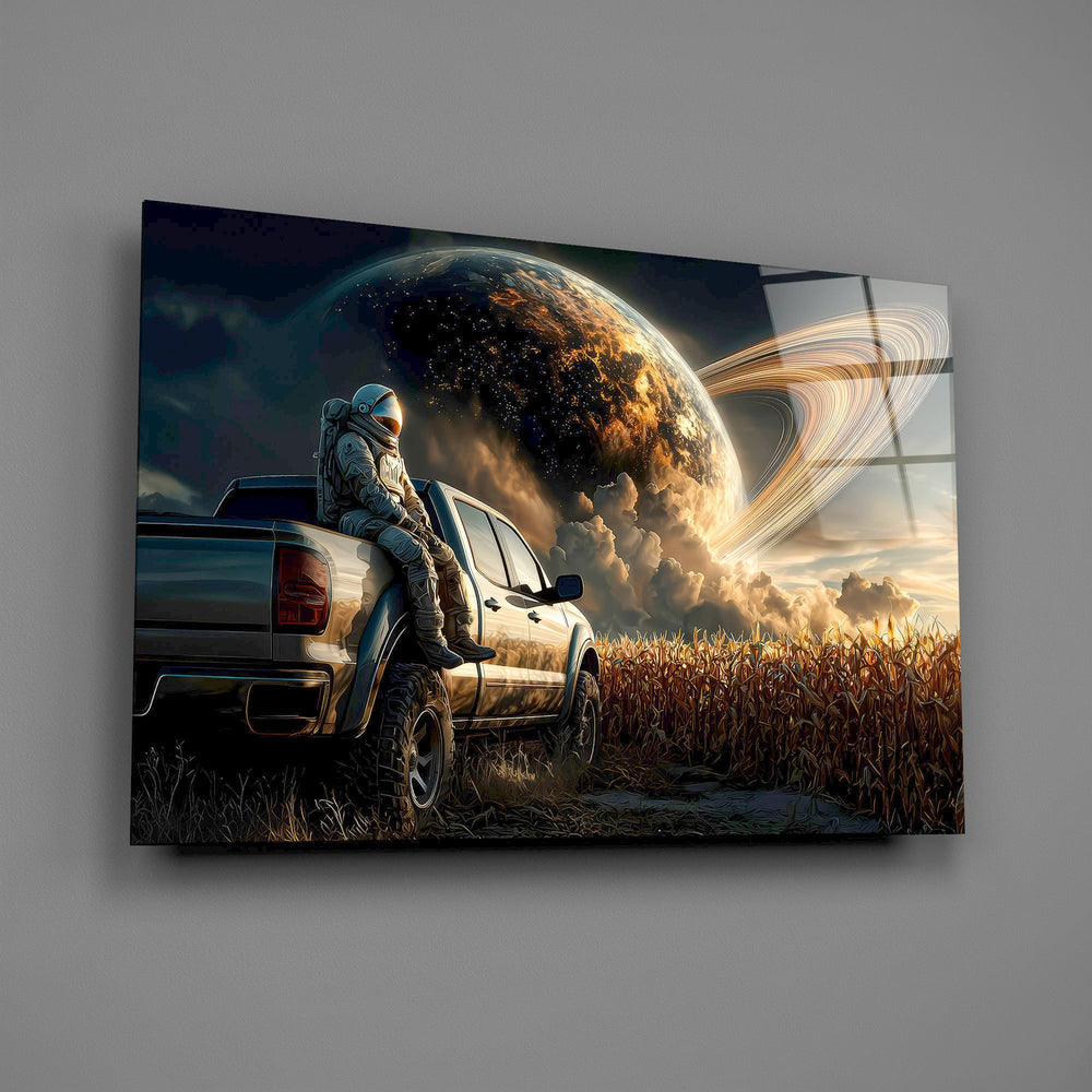 astronaut resting against a pickup truck glass wall art angled to show the polished tempered glass panel