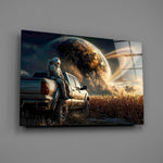 astronaut resting against a pickup truck glass wall art angled to show the polished tempered glass panel