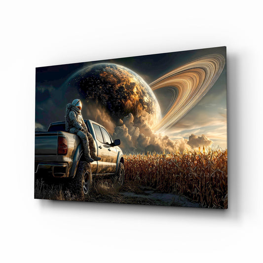 Astronaut and Ringed Planet Cornfield Glass Wall Art - Lifestyle preview in a designer interior