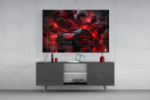 black performance sedan in red smoke glass wall art styled in an atmospheric room setting