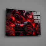 black performance sedan in red smoke glass wall art angled to show the polished tempered glass panel