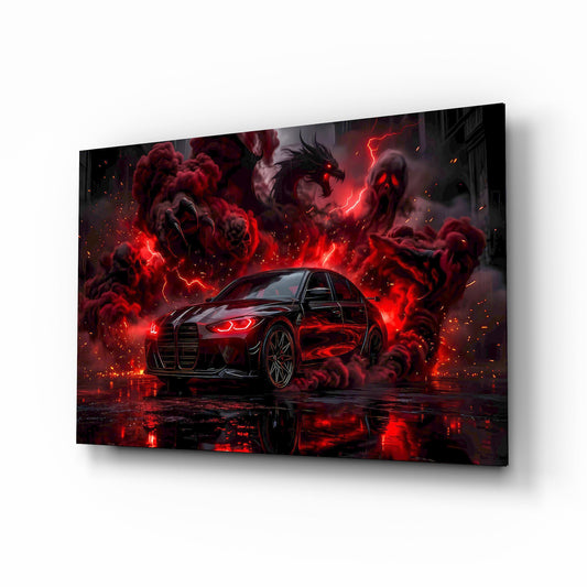 Black Sports Sedan and Red Demon Dragon Glass Wall Art - Lifestyle preview in a designer interior