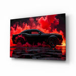 Crimson Smoke Black Muscle Car Glass Wall Art - Lifestyle preview in a designer interior